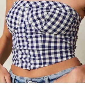 Free People Blue and White Gingham Strapless Tube Top